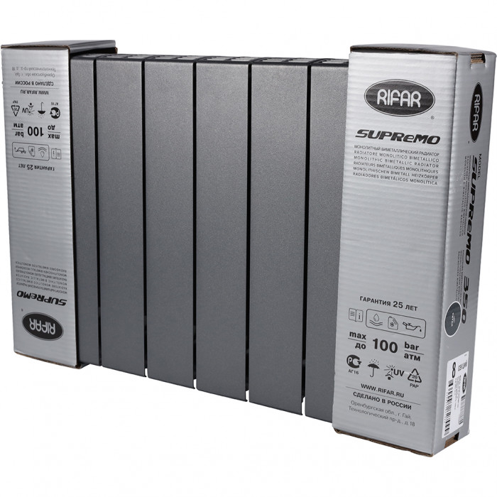 Биметаллический радиатор RIFAR SUPReMO 350, 8 секций, боковое подключение, черный