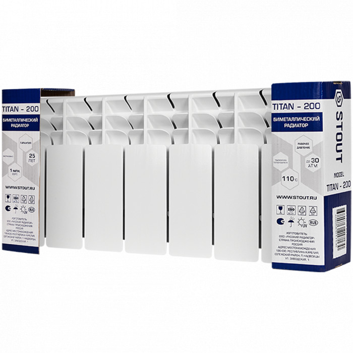 Биметаллический радиатор STOUT TITAN 200, 7 секций, боковое подключение, белый