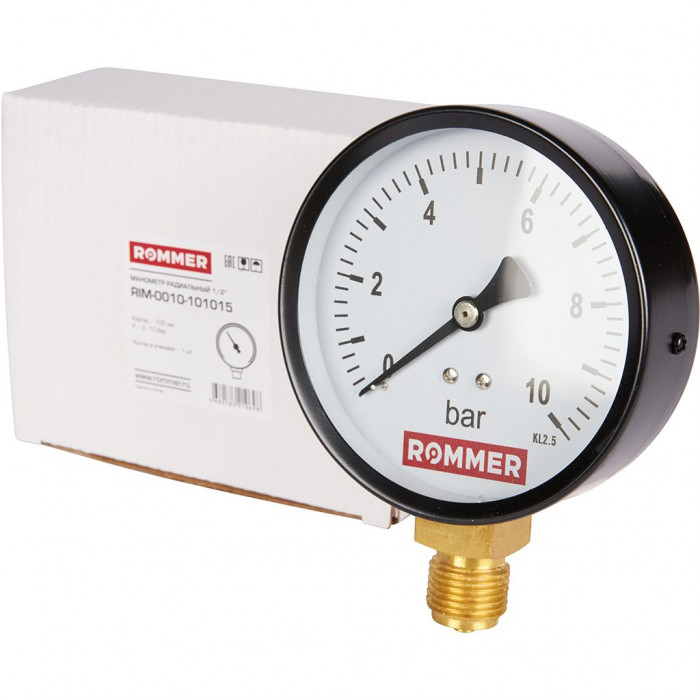 RIM-0010-101015 Манометр ROMMER радиальный. Корпус Dn 100 мм 1/2 , 0...10 бар, кл.2.5