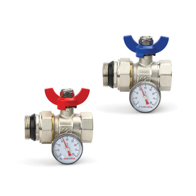 Комплект прямых шаровых кранов Varmega VM15954, 1&quot;x3/4&quot; ВР-НР, с разъемным соединением, ручка-бабочка, с термометром