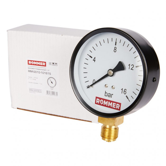 RIM-0010-101615 Манометр ROMMER радиальный. Корпус Dn 100 мм 1/2 , 0...16 бар, кл.2.5