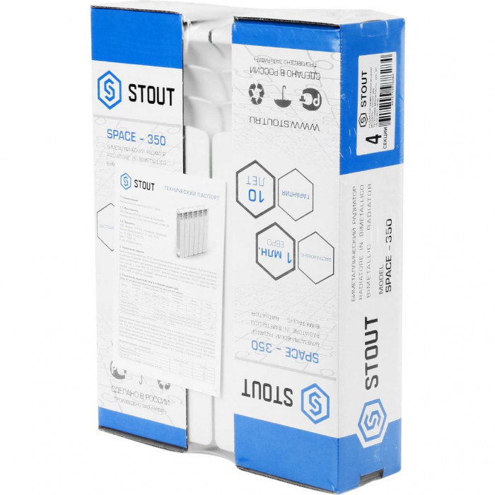 Биметаллический радиатор STOUT Space 350, 4 секций, боковое подключение, белый