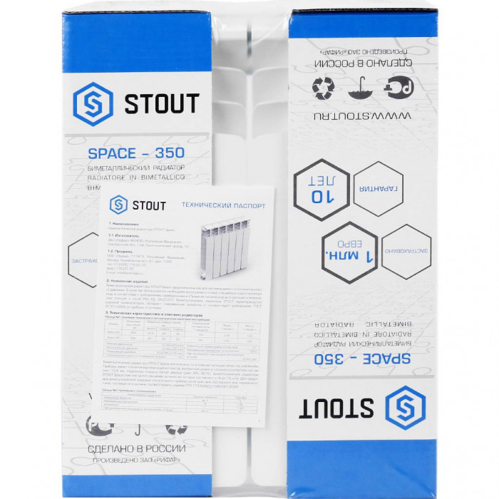Биметаллический радиатор STOUT Space 350, 4 секций, боковое подключение, белый