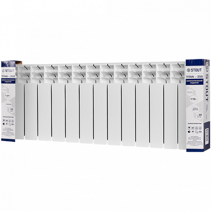 Биметаллический радиатор STOUT TITAN 350, 13 секций, боковое подключение, белый