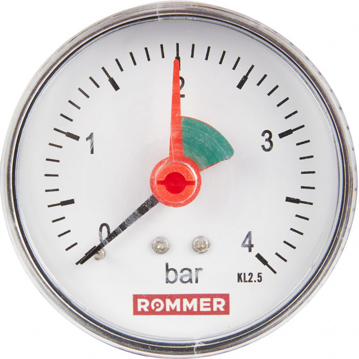 RIM-0007-630408 Манометр ROMMER аксиальный с указателем предела. Корпус Dn 63 мм 1/4 , 0...4 бар, кл.2.5