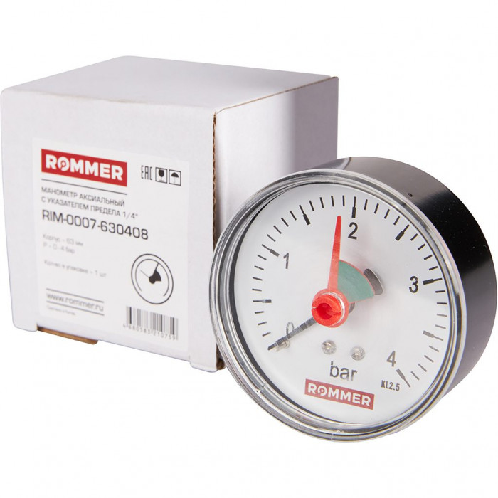 RIM-0007-630408 Манометр ROMMER аксиальный с указателем предела. Корпус Dn 63 мм 1/4 , 0...4 бар, кл.2.5