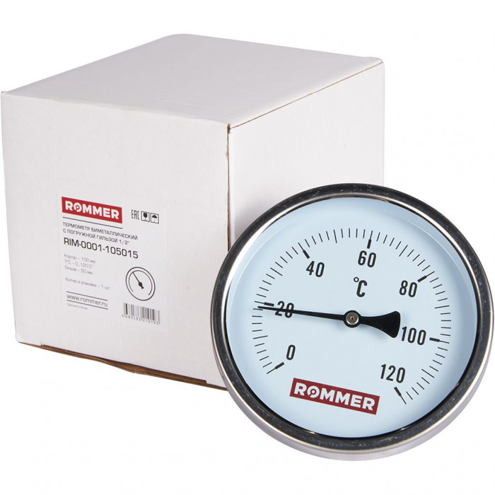 RIM-0001-105015 Термометр ROMMER биметаллический с погружной гильзой. Корпус Dn 100 мм, гильза 50 мм 1/2 , 0...120°С