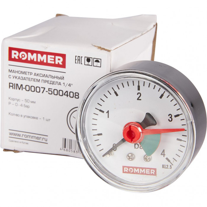 RIM-0007-500408 Манометр ROMMER аксиальный с указателем предела. Корпус Dn 50 мм 1/4 BSP, 0...4 бар, кл.2.5