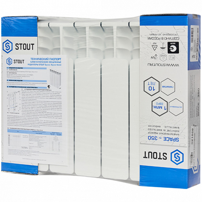 Биметаллический радиатор STOUT Space 350, 6 секций, боковое подключение, белый