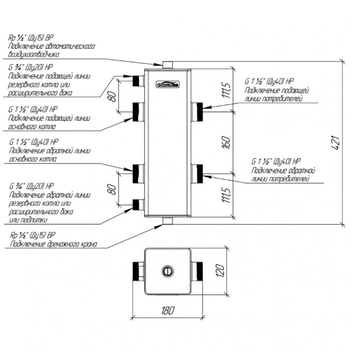 Гидравлический разделитель GIDRUSS GR-150-40 (до 150 кВт, G 1 1/2, корпус 120х120x4 ст. 09Г2С)