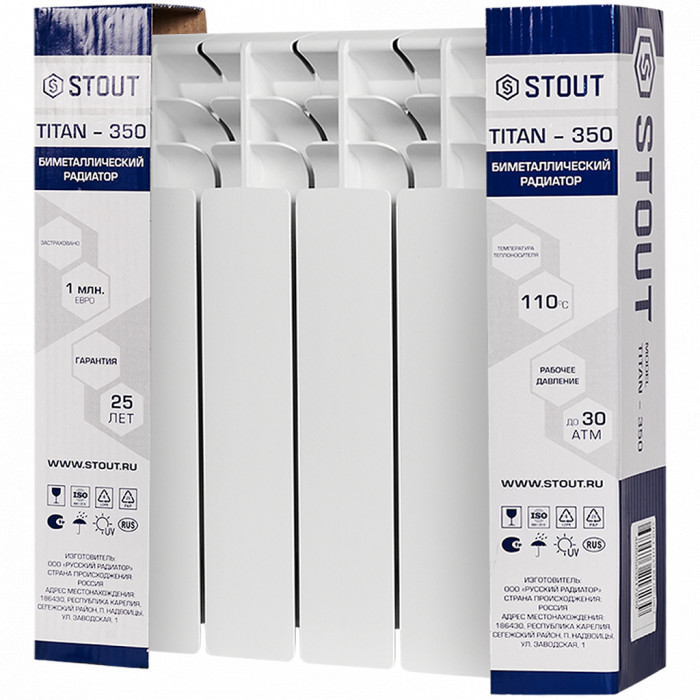Биметаллический радиатор STOUT TITAN 350, 4 секций, боковое подключение, белый