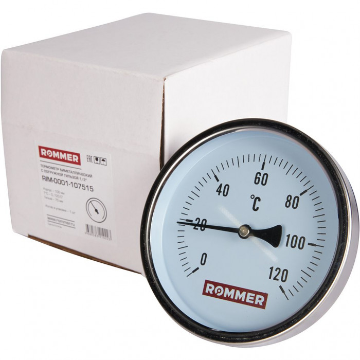 RIM-0001-107515 Термометр ROMMER биметаллический с погружной гильзой. Корпус Dn 100 мм, гильза 75 мм 1/2 , 0...120°С
