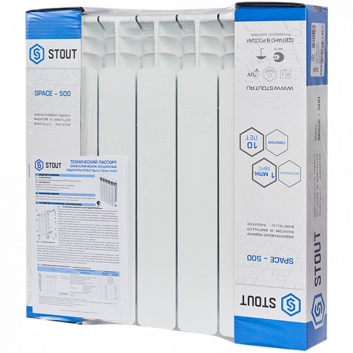 Биметаллический радиатор STOUT Space 500, 6 секций, боковое подключение, белый