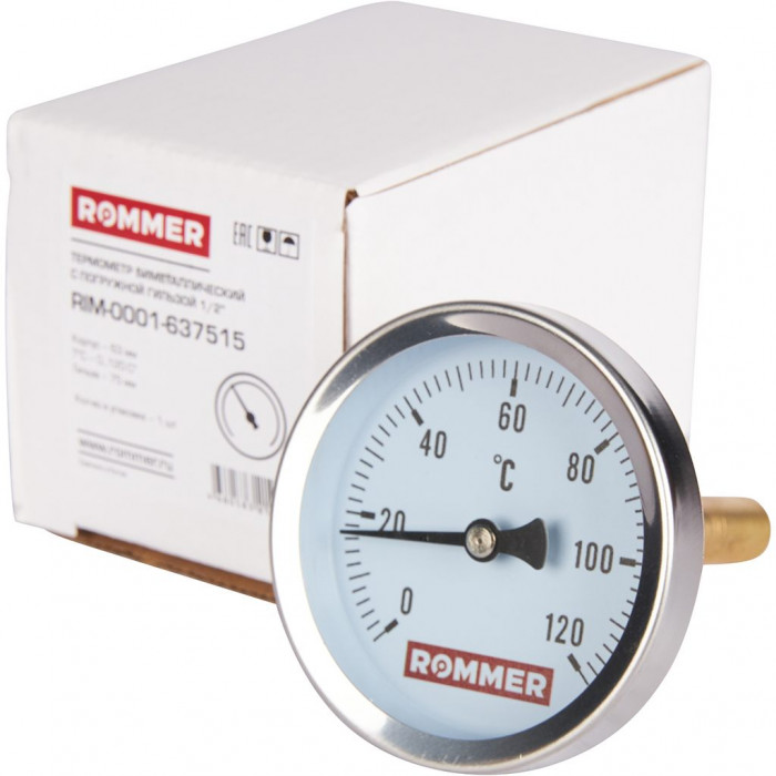 RIM-0001-637515 Термометр ROMMER биметаллический с погружной гильзой. Корпус Dn 63 мм, гильза 75 мм 1/2 , 0...120°С