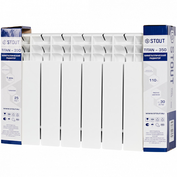 Биметаллический радиатор STOUT TITAN 350, 7 секций, боковое подключение, белый