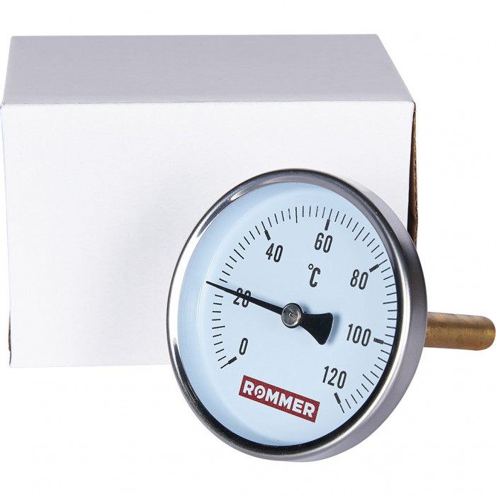 RIM-0001-801015 Термометр ROMMER биметаллический с погружной гильзой. Корпус Dn 80 мм, гильза 100 мм 1/2 , 0...120°С