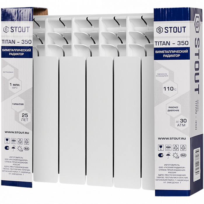 Биметаллический радиатор STOUT TITAN 350, 6 секций, боковое подключение, белый