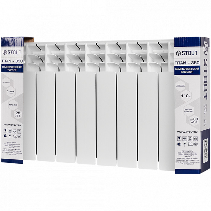 Биметаллический радиатор STOUT TITAN 350, 8 секций, боковое подключение, белый