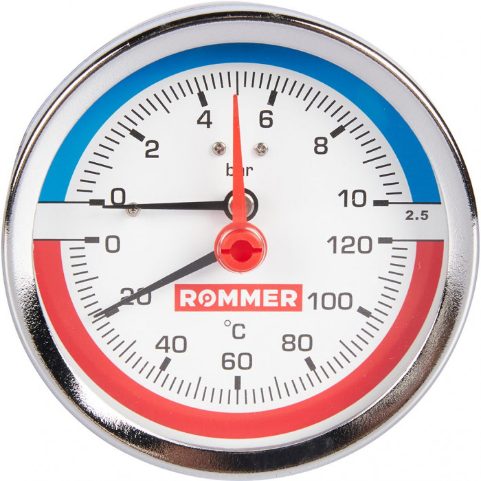 RIM-0005-801015 Термоманометр ROMMER аксиальный в комплекте с автоматическим запорным клапаном. Корпус Dn 80 мм 1/2 , 0...120°C, 0-10 бар.