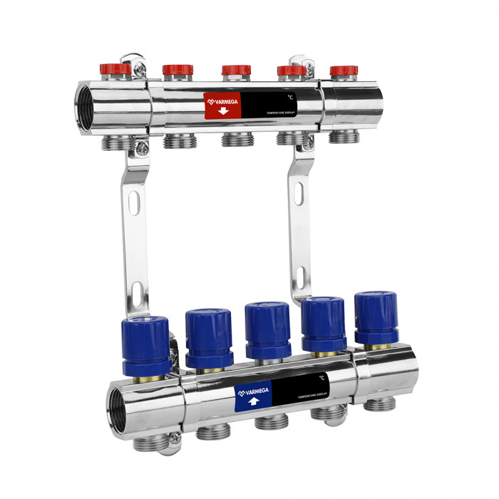 Коллекторная группа для отопления Varmega VM15811 ВР 1", на 11 контуров 3/4" EK, латунь