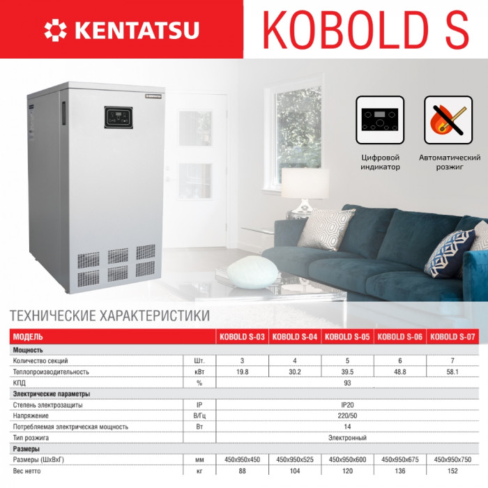 Напольный газовый котел Kentatsu Kobold S-07, атмосферный, одноконтурный
