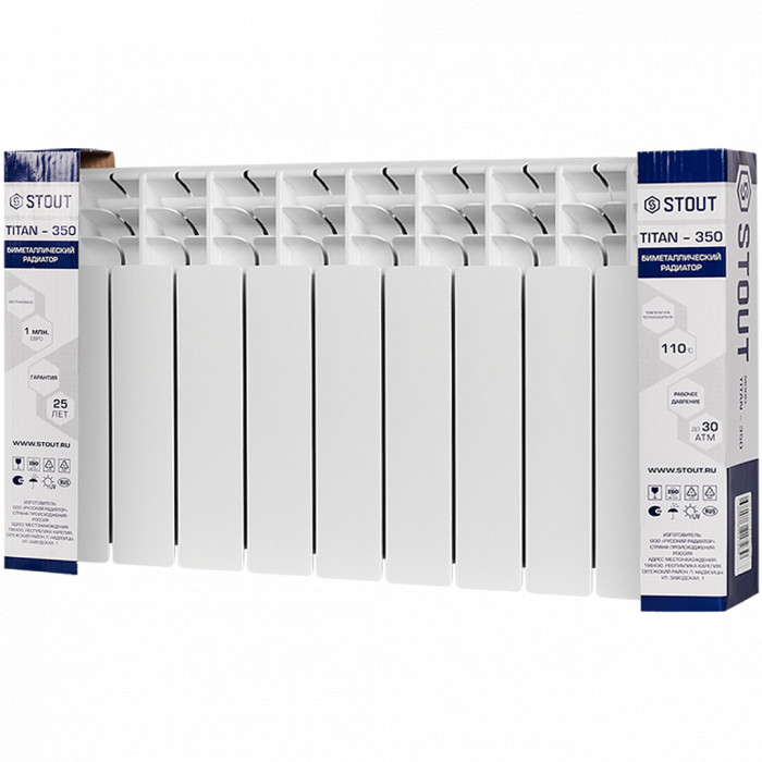 Биметаллический радиатор STOUT TITAN 350, 9 секций, боковое подключение, белый