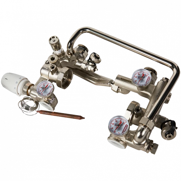 Насосно-смесительный узел ROMMER RDG-0120-008000 с термоголовкой, перепускным клапаном и байпасом, без насоса