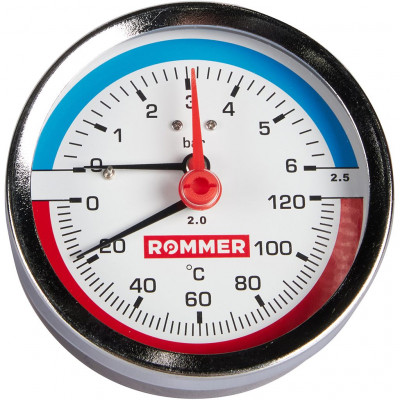 RIM-0005-800615 Термоманометр ROMMER аксиальный в комплекте с автоматическим запорным клапаном. Корпус Dn 80 мм 1/2 , 0...120°C, 0-6 бар.