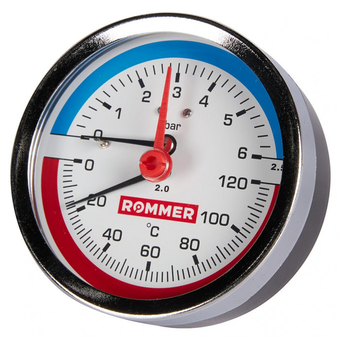 RIM-0005-800615 Термоманометр ROMMER аксиальный в комплекте с автоматическим запорным клапаном. Корпус Dn 80 мм 1/2 , 0...120°C, 0-6 бар.