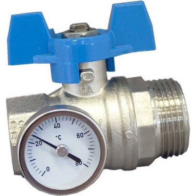 Кран шаровый Oventrop DN 25 G 1 ВР х G 1 НР, плоское уплотнение, с термометром, синий маховик