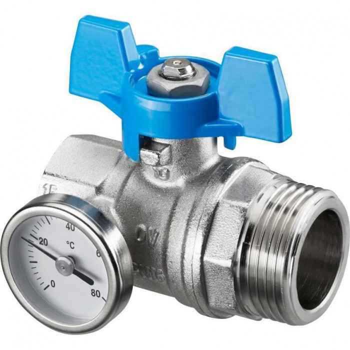 Кран шаровый Oventrop DN 25 G 1 ВР х G 1 НР, плоское уплотнение, с термометром, синий маховик