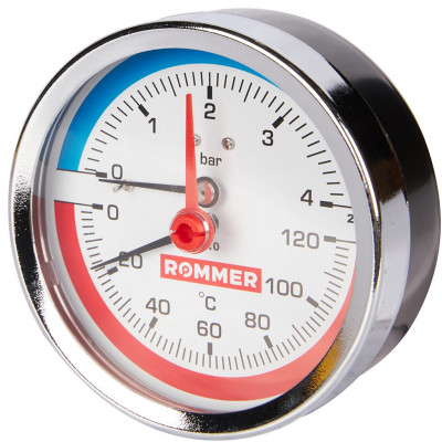 RIM-0005-800415 Термоманометр ROMMER аксиальный в комплекте с автоматическим запорным клапаном. Корпус Dn 80 мм 1/2 , 0...120°C, 0-4 бар.