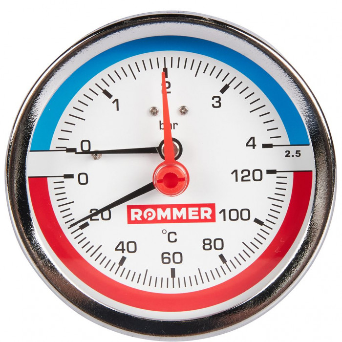 RIM-0005-800415 Термоманометр ROMMER аксиальный в комплекте с автоматическим запорным клапаном. Корпус Dn 80 мм 1/2 , 0...120°C, 0-4 бар.