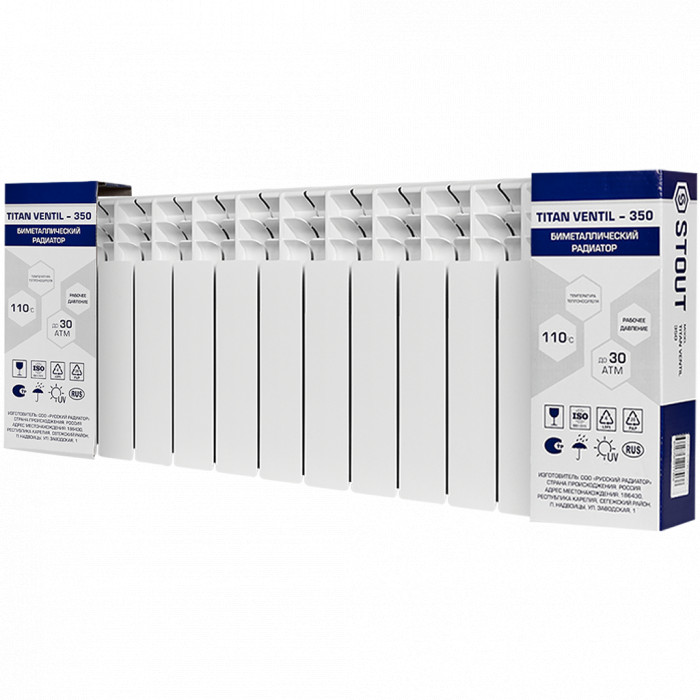 Биметаллический радиатор STOUT TITAN VENTIL 350, 12 секций, нижнее правое подключение, белый