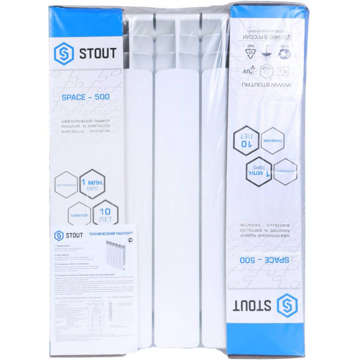 Биметаллический радиатор STOUT Space 500, 5 секций, нижнее правое подключение, белый