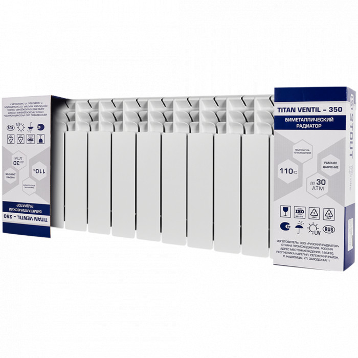 Биметаллический радиатор STOUT TITAN VENTIL 350, 13 секций, нижнее правое подключение, белый
