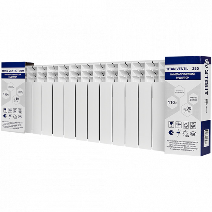 Биметаллический радиатор STOUT TITAN VENTIL 350, 14 секций, нижнее правое подключение, белый