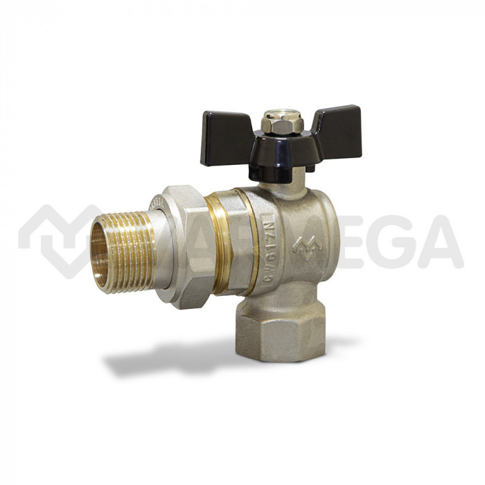 Кран шаровый угловой с разъемным соединением Varmega Toro VM02702 3/4" НР-ВР, полнопроходной, ручка-бабочка