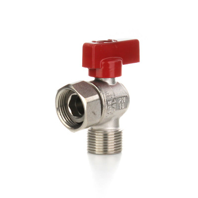 Кран шаровой угловой 1/2&quot; НВ с накидной гайкой, ручка флажок красная