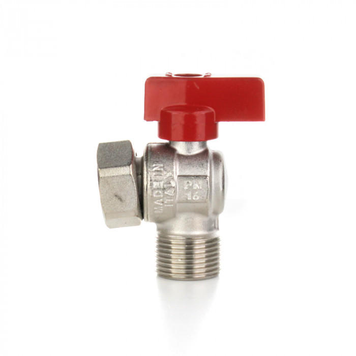 Кран шаровой угловой 1/2" НВ с накидной гайкой, ручка флажок красная