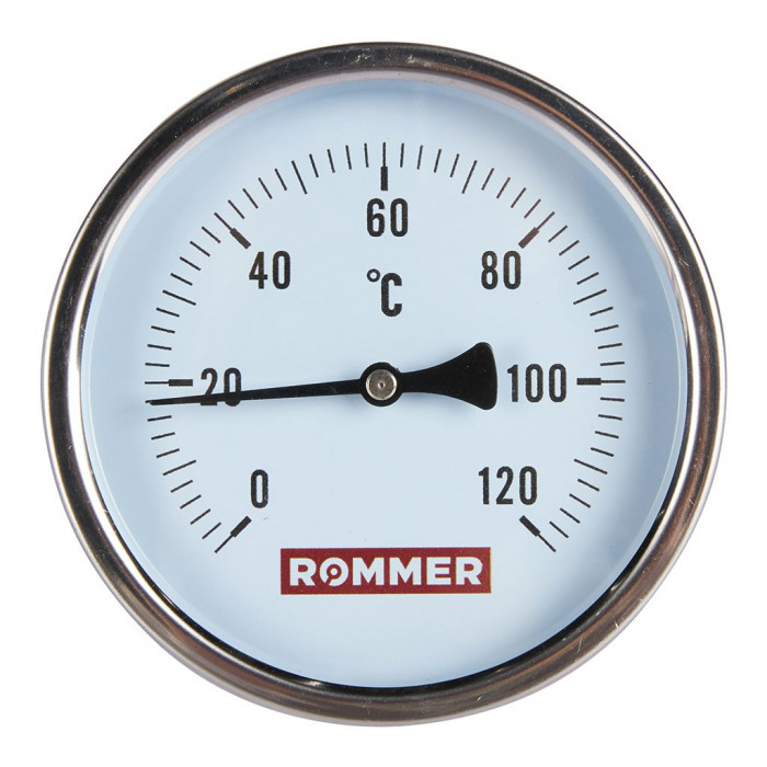 RIM-0001-101015 Термометр ROMMER биметаллический с погружной гильзой. Корпус Dn 100 мм, гильза 100 мм 1/2 , 0...120°С