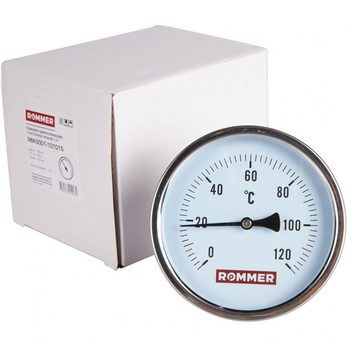 RIM-0001-101015 Термометр ROMMER биметаллический с погружной гильзой. Корпус Dn 100 мм, гильза 100 мм 1/2 , 0...120°С