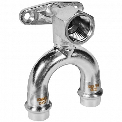 ROMMER RSS-0012-001512 ROMMER Угольник проходной настенный с креплением-ВР, 15х1/2, из нержавеющей стали прессовой