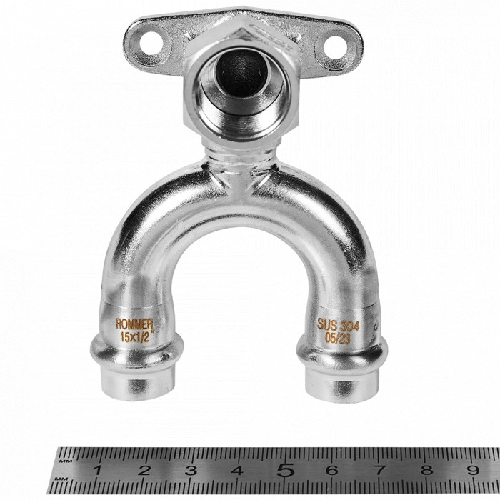 ROMMER RSS-0012-001512 ROMMER Угольник проходной настенный с креплением-ВР, 15х1/2, из нержавеющей стали прессовой