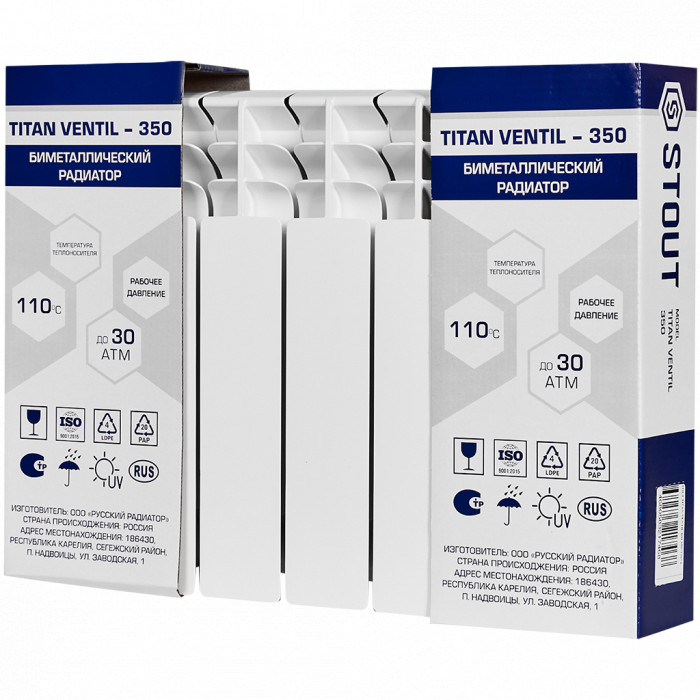 Биметаллический радиатор STOUT TITAN 350, 6 секций, нижнее правое подключение, белый
