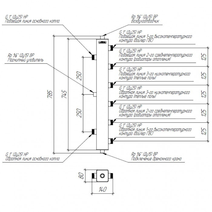 Термогидравлический разделитель GIDRUSS TGR-60-25x3 (до 60 кВт, 3 контура G 1, встроенный сепаратор)