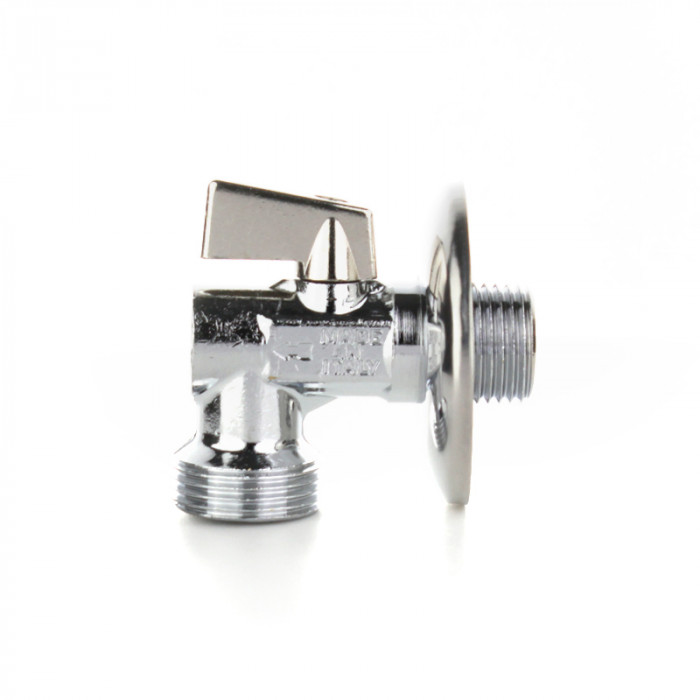 Кран шаровой угловой для стиральных машин с розеткой 1/2"×1/2", ручка бабочка