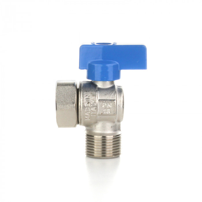 Кран шаровой угловой 3/4" НВ с накидной гайкой, ручка флажок синяя