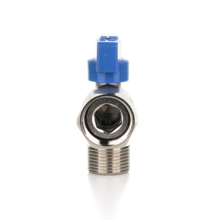 Кран шаровой угловой 3/4" НВ с накидной гайкой, ручка флажок синяя