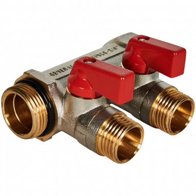 Коллектор с шаровыми кранами STOUT 3/4 , 2 отвода 1/2  (красные ручки)